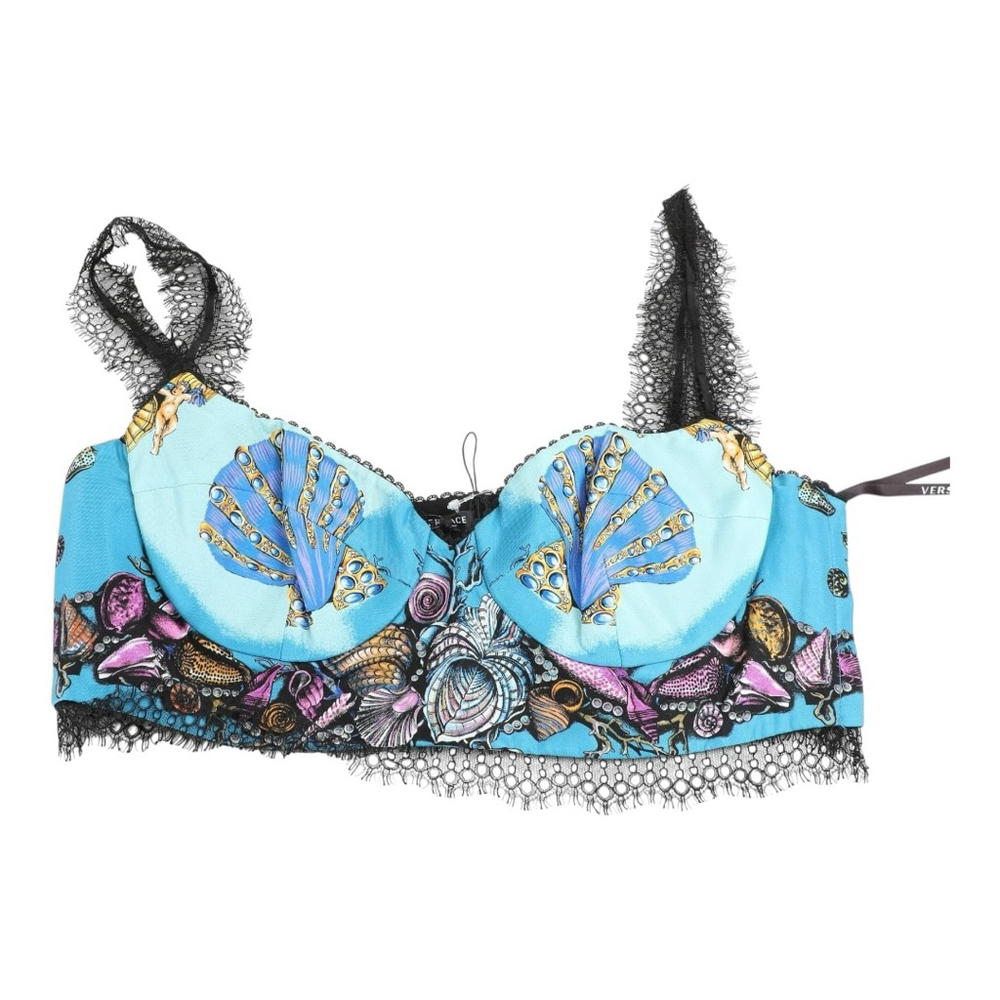 Versace Blue Multi-color Seashell Print Crop Top with Black Lace EU Size 44 - Picture 13 of 13